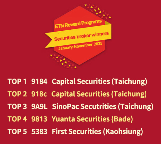 Securities broker winners (January-November 2025): TOP 1: 9184 Capital Securities (Taichung) , TOP 2: 918c Capital Securities (Taichung) , TOP 3: 9A9L SinoPac Secutrities (Taichung) , TOP 4:  9813 Yuanta Securities (Bade), TOP 5: 5383 First Securities (Kaohsiung)
