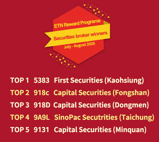 Securities broker winners (July-August 2026): TOP 1: 5383 First Securities (Kaohsiung) , TOP 2: 918c Capital Securities (Fongshan) , TOP 3: 918D Cathay Securities (Dongmen) , TOP 4: 9A9L SinoPac Secutrities (Taichung) , TOP 5: 9131 Capital Securities (Minquan)
