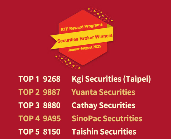 Securities broker winners(January-august 2025): TOP 1: 9268  Kgi Securities (Taipei), TOP 2: 9887 Yuanta Securities , TOP 3: 8880 Cathay Securities  , TOP 4: 9A95 SinoPac Secutrities , TOP 5: 8150 Taishin Securities