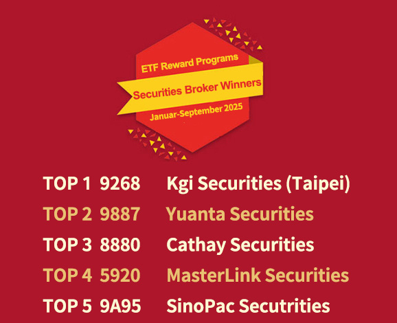 Securities broker winners(January-September 2025): TOP 1: 9268  Kgi Securities (Taipei), TOP 2: 9887 Yuanta Securities , TOP 3: 8880 Cathay Securities  , TOP 4: 5920 MasterLink Securities , TOP 5: 9A95 SinoPac Secutrities