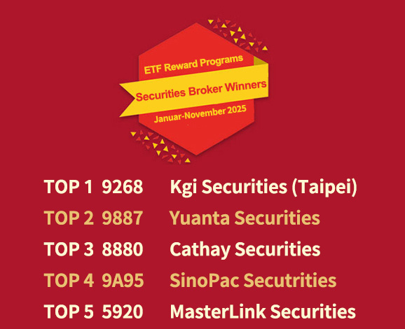 Securities broker winners(January-November 2025): TOP 1: 9268  Kgi Securities (Taipei), TOP 2: 9887 Yuanta Securities , TOP 3: 8880 Cathay Securities  , TOP 4: 9A95 SinoPac Secutrities , TOP 5: 5920 MasterLink Securities