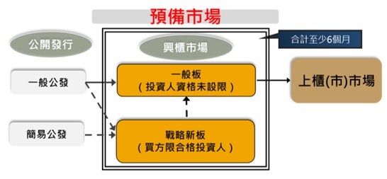 架構圖，說明興櫃市場分為一般板及戰略新板