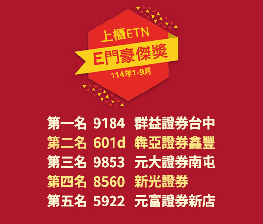 E門豪傑獎競賽龍虎榜 (114年1-9月)：第一名  9184 群益金鼎證券台中、第二名 601d 犇亞證券鑫豐 、第三名 9853 元大證券南屯 、第四名 8560 新光證券、第五名 5922 元富證券新店