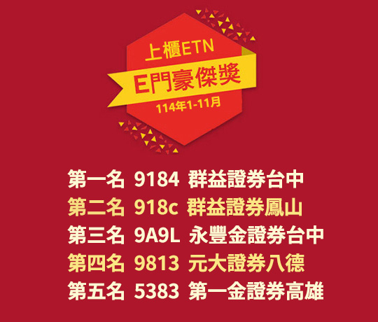 E門豪傑獎競賽龍虎榜 (114年1-11月)：第一名  9184 群益證券台中、第二名 918c 群益證券鳳山 、第三名 9A9L 永豐金證券台中 、第四名 9813 元大證券八德、第五名 5383 第一金證券高雄
