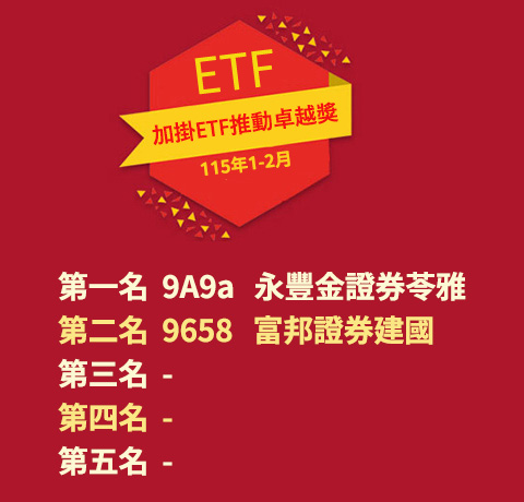 加掛ETF推動卓越獎龍虎榜 (114年1-2月)：第一名 9A9a 永豐金證券苓雅  、第二名 9658 富邦證券建國