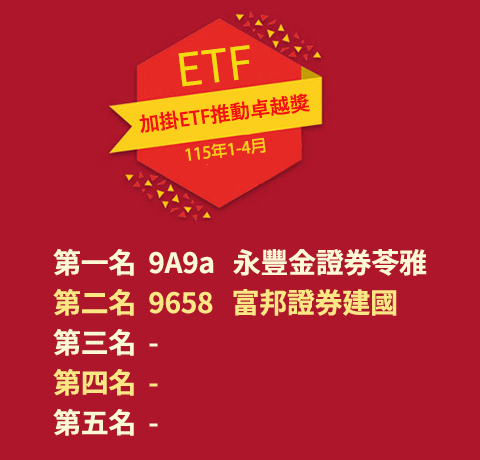 加掛ETF推動卓越獎龍虎榜 (114年1-4月)：第一名 9A9a 永豐金證券苓雅  、第二名 9658 富邦證券建國